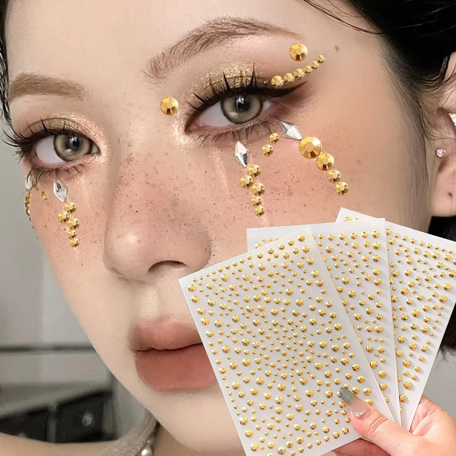 Y2K Diamond Face Jewels Golden Body Glitter Stickers for Makeup Festival Party Wedding DIY Self Adhesive Rhinestone Stickers