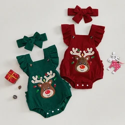 2024-08-02 Lioraitiin 0-18M Baby Girls Christmas Jumpsuit Flying Sleeve Elk Embroidery Rompers with Headband