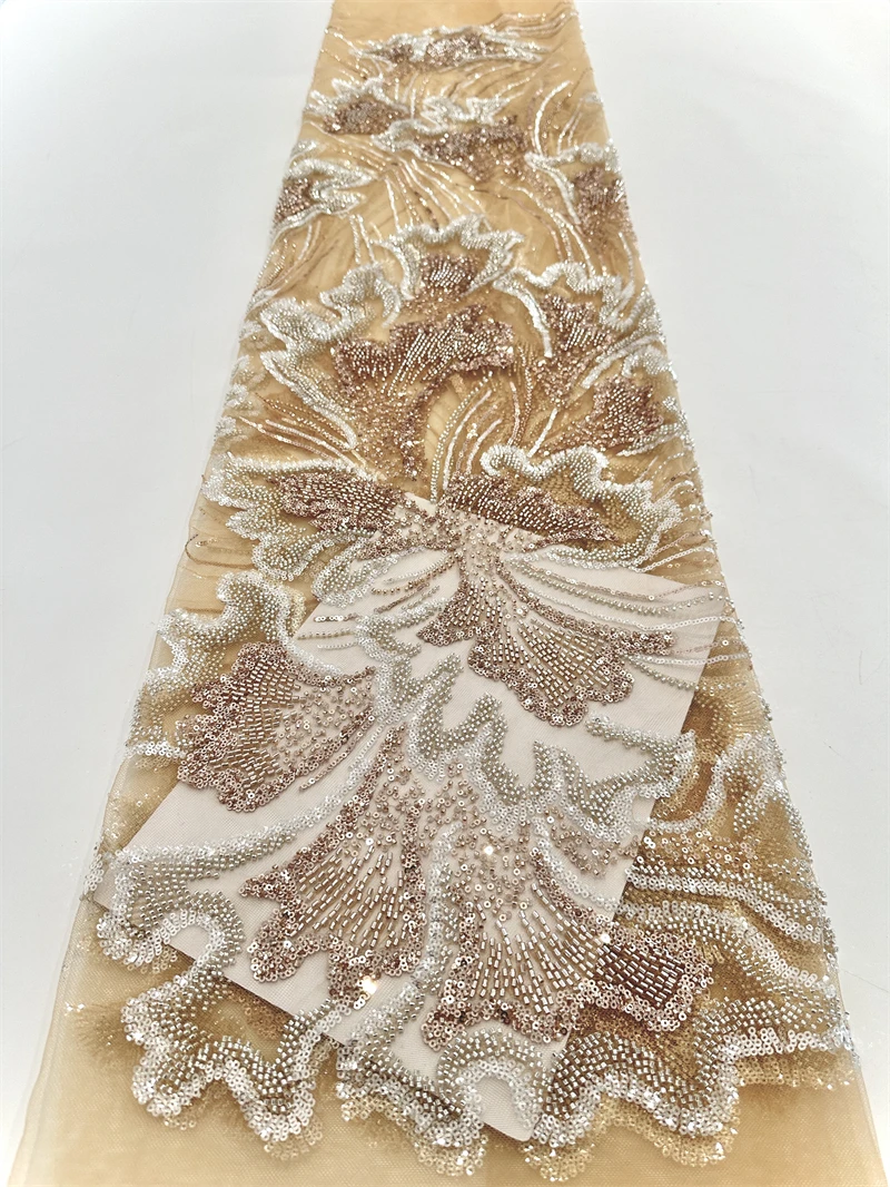 Tela de encaje con cuentas de lentejuelas africanas de lujo, encaje de alta calidad 2025, tela de encaje francés de 5 yardas, telas de encaje de red nigeriano para fiesta