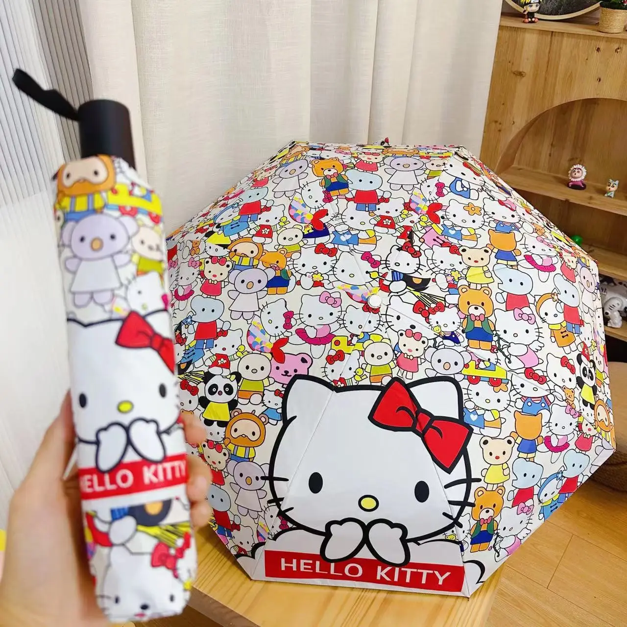 Sanrio Hello Kitty Folding Umbrella Cartoon Anime Kate Cat Multifunctional Summer Block Out Sun UV Sunny Umbrella Toys for Gifts