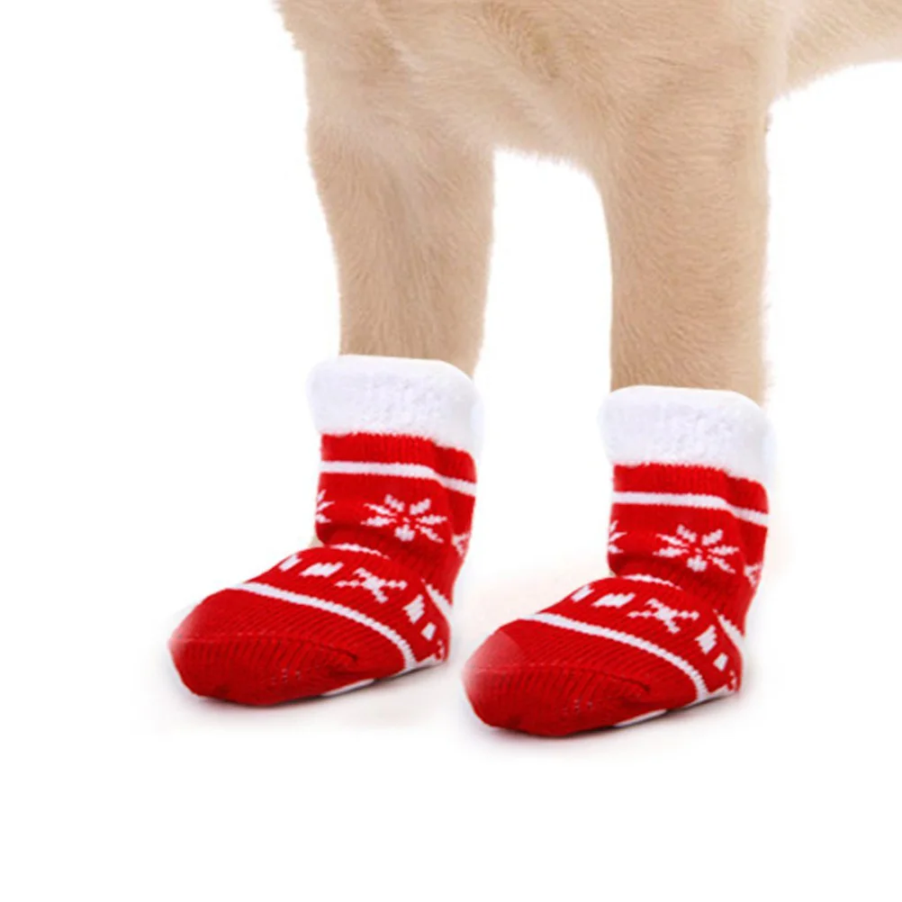 

4Pcs Red Pet Socks Size M Non-Slip Cotton Anti-Claw Design Keep Paws Clean Warm Against Snow Ice Salt Christams Pet Socks