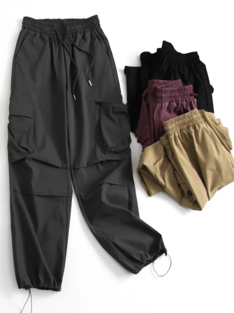 

Casual Pure Color Pleated Side Pocket Work Pants Drawstring Elastic Waist Women's Trousers Long Pants High Waist Wide Leg