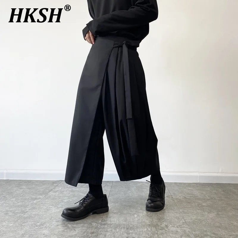 HKSH Spring Autumn Dark Trend Skirt Pants Lace Up Loose Men Chic Niche Wide Leg Fashion Dark Punk Japanese Style Pleated  HK3941