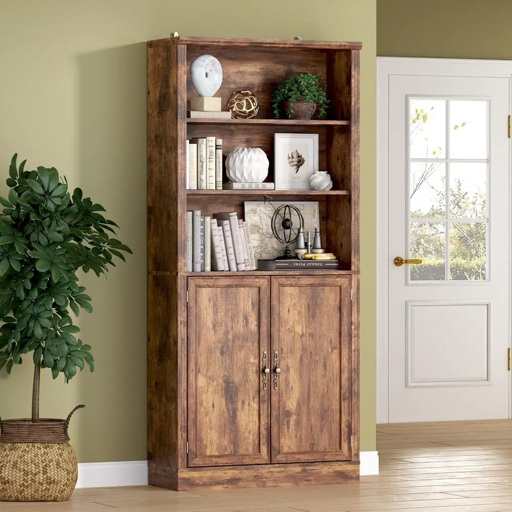 

70.1 Tall 5-Tier Bookshelf with Cabinet, Adjustable Shelves, Metal Handles, Storage Organizer for Home Office, Living Room
