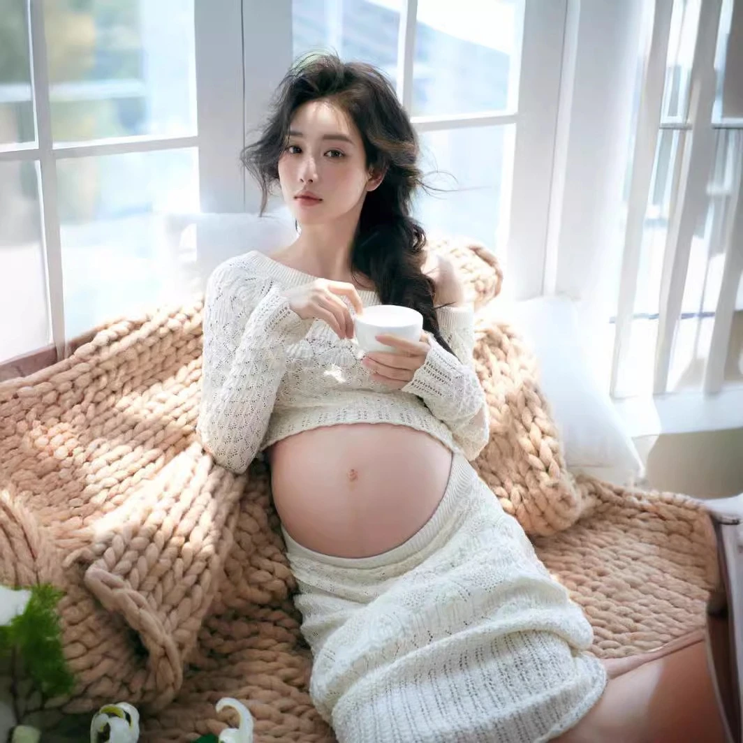 Women Maternity Dress for Photography White Elegant Knitted One-shoulder Pregancy Top Skirt for Studio Photo Shoot Clothing