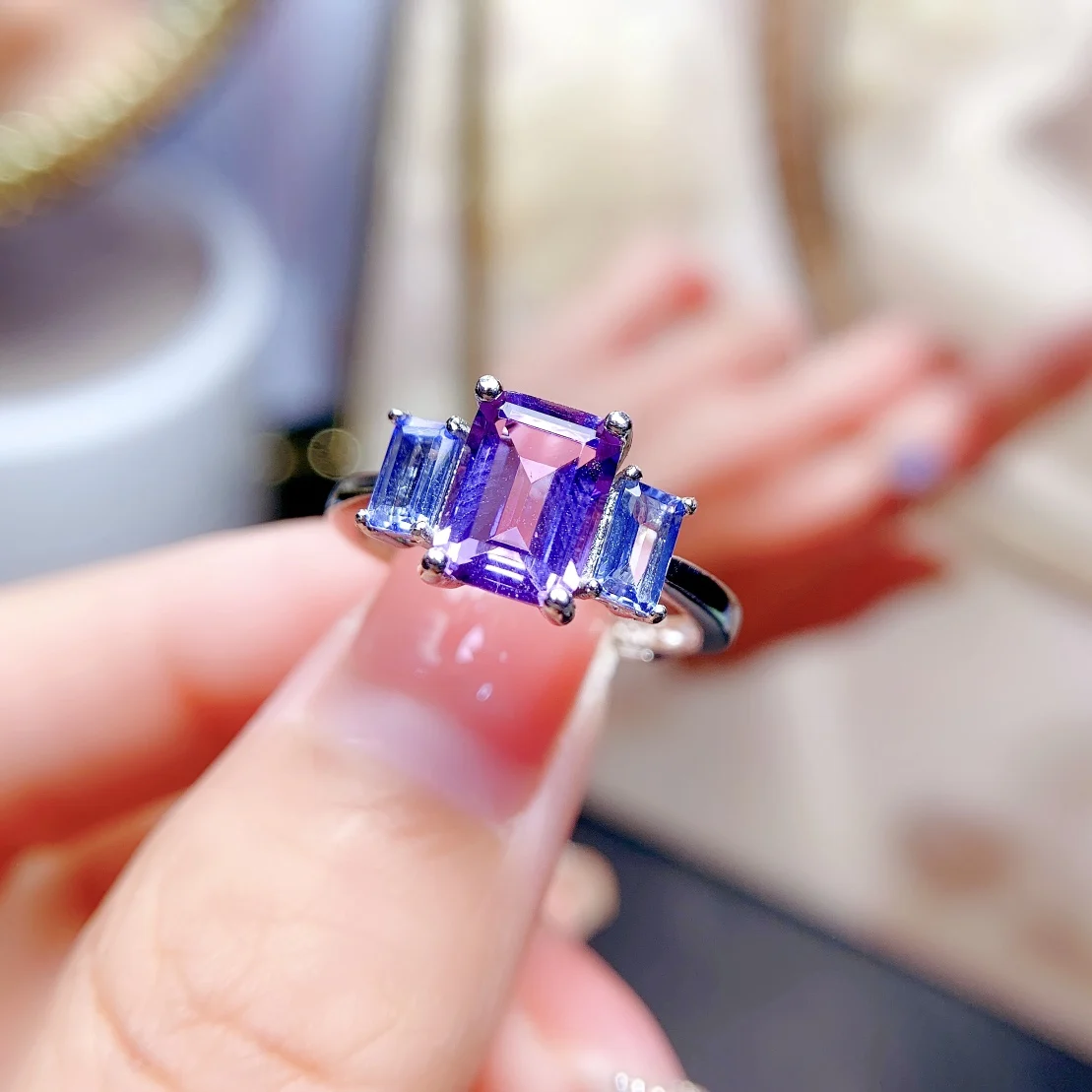 

925 Silver ring Natural amethyst and Tanzanite women's ring atmospheric luxury women's high-end jewelry package mail boutique