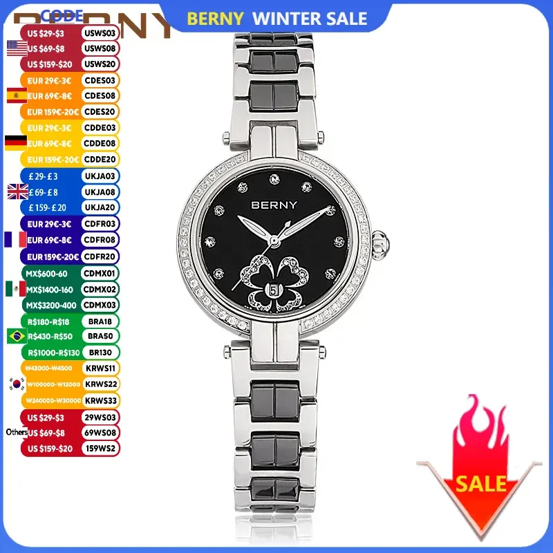 

BERNY Women's Watch Casual Fashion Ceramics Quartz Women Watches Elegante Luxury Wristwatch For Ladies Inlaid with Zircon