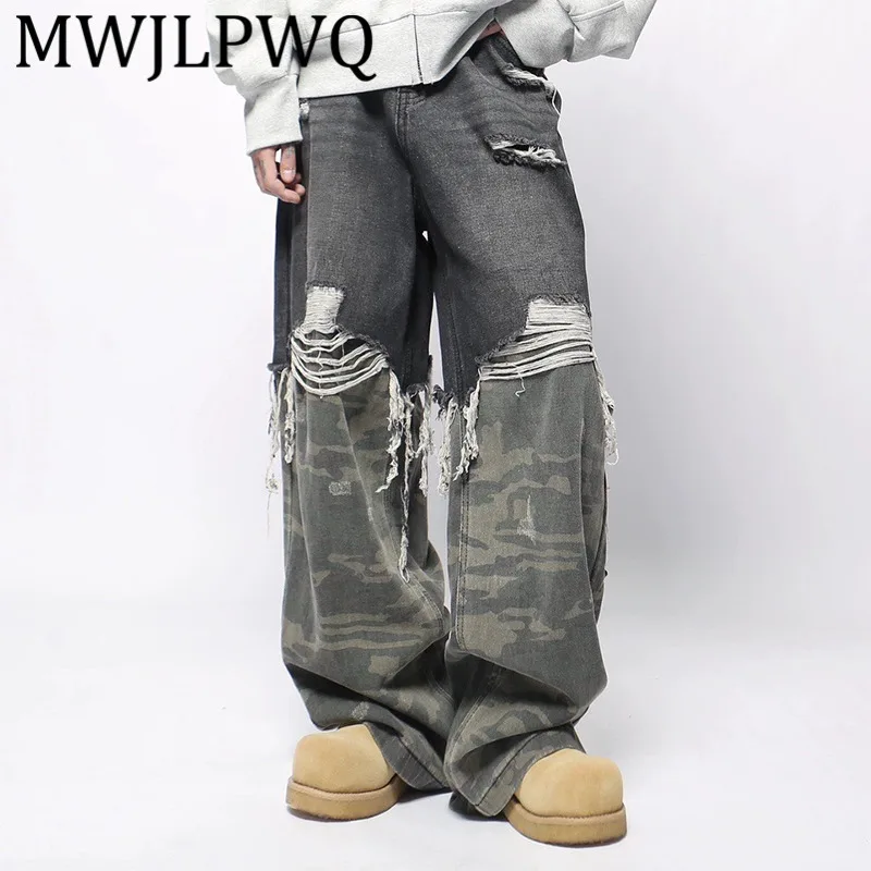 

MWJLPWQ Американский уличный дизайн Нишевые камуфляжные лоскутные джинсы Мужские осенние свободные прямые брюки для ленивых Модные 21094