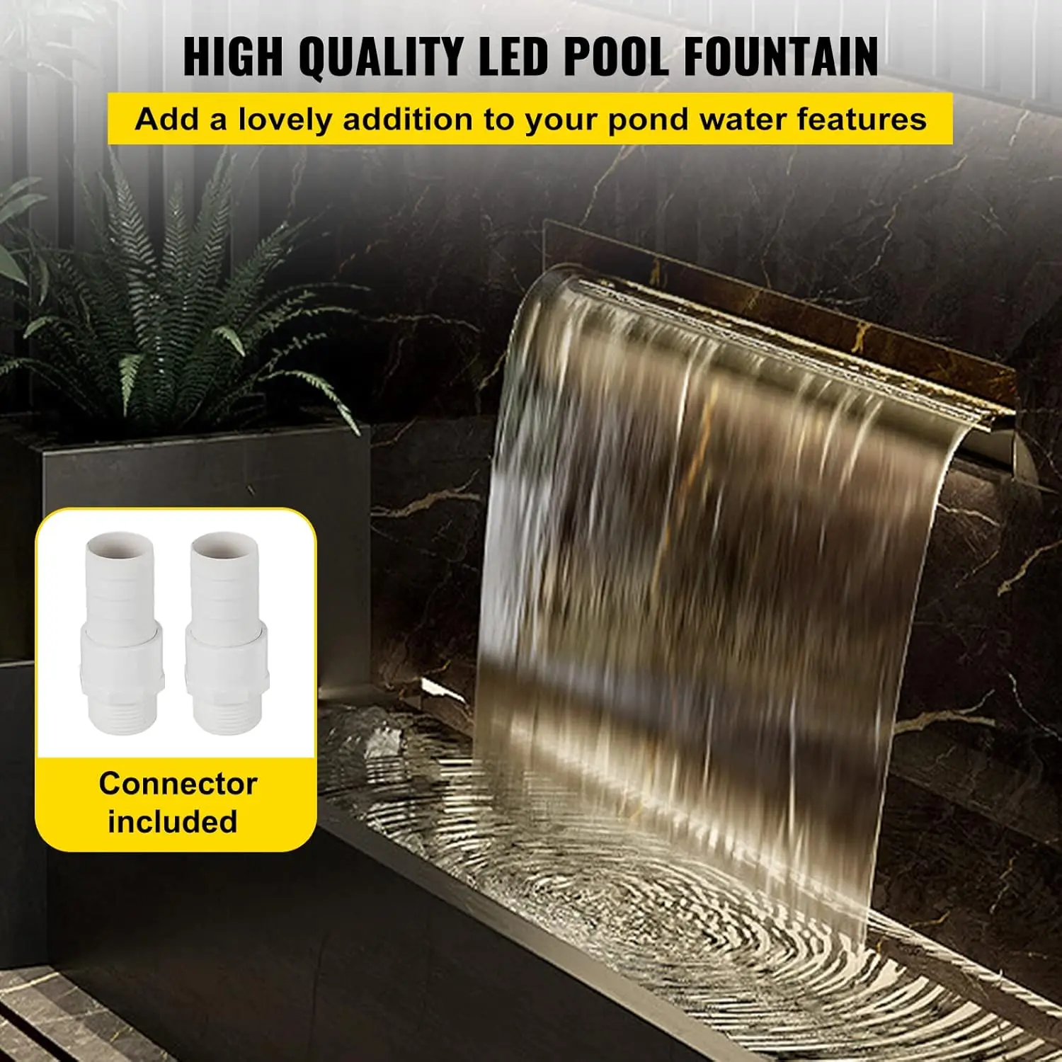 Pool Fountain Stainless Steel Pool Waterfall with LED Strip Light Waterfall Spillway with Pipe