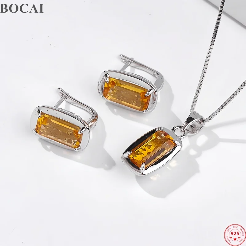 bocai-新-s925-スターリングシルバーチャームペンダントスタッドピアス女性のための天然シトリン耳クリップチャームファインチョイスジュエリー