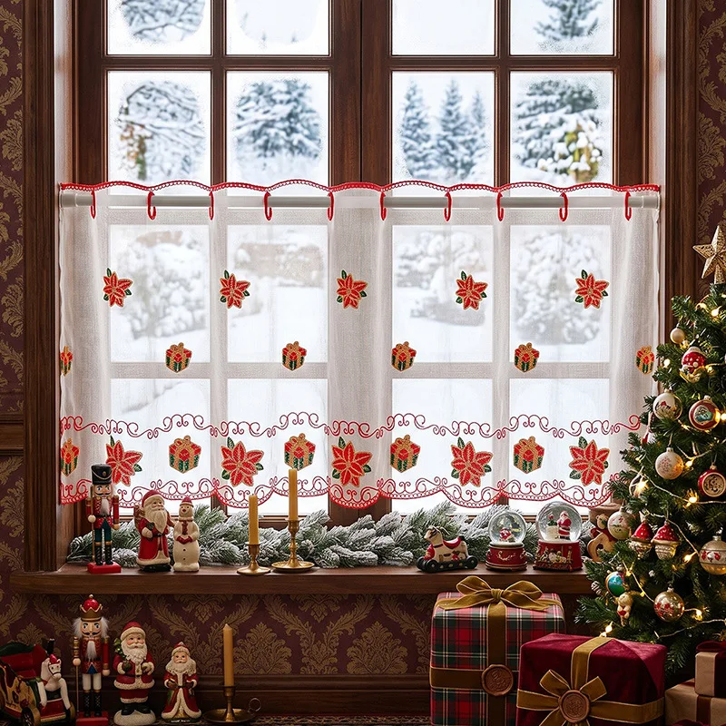 Christmas Embroidered Short Sheer Curtain Santa Reindeer Kitchen Valance Xmas Gift Window Decor Small Voile Curtain