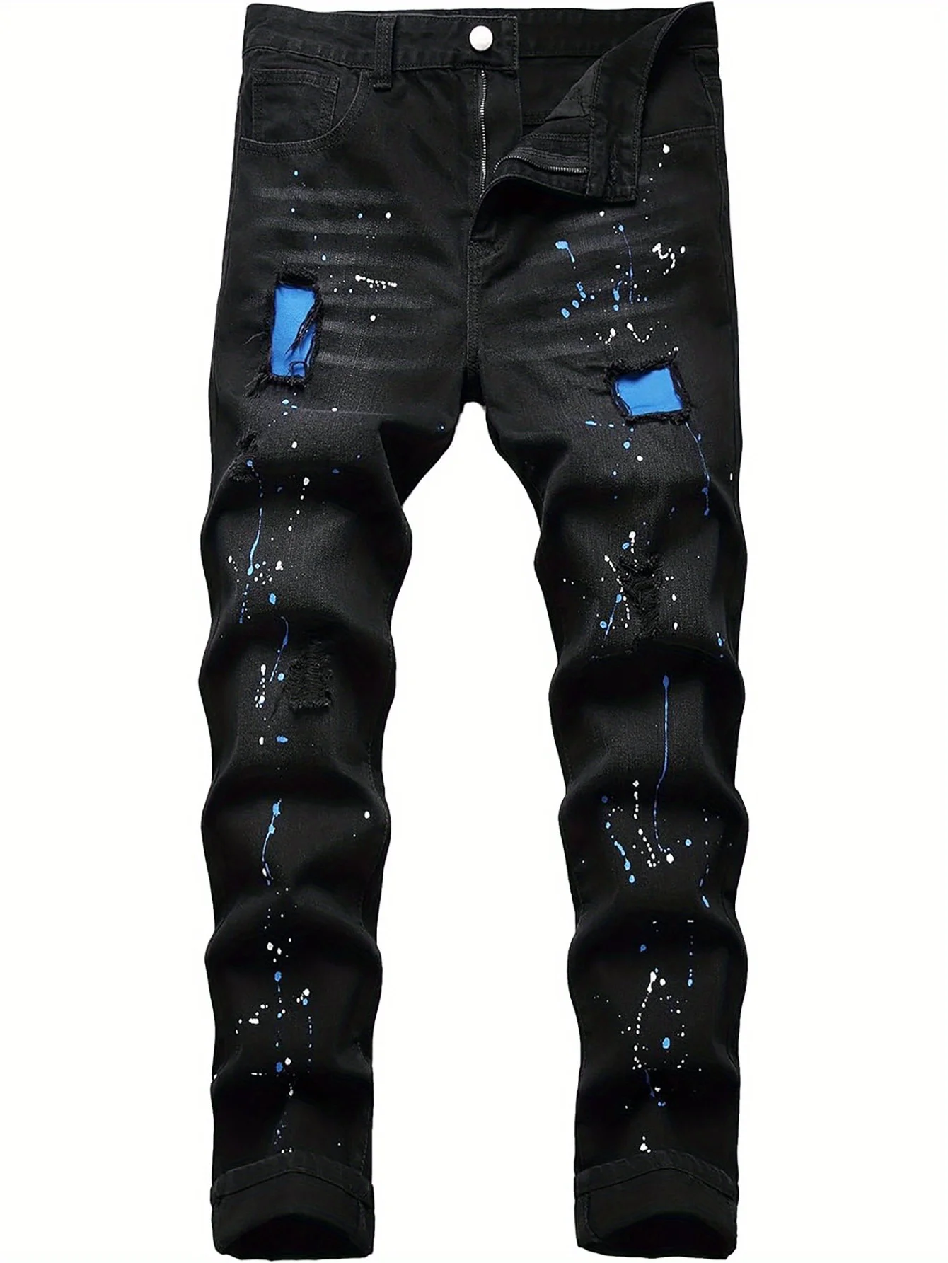 

Men's jeans blue patch tear elastic regular black jeans pants