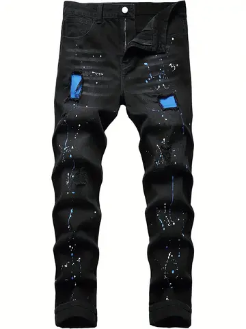 Men's jeans blue patch tear elastic regular black jeans pants