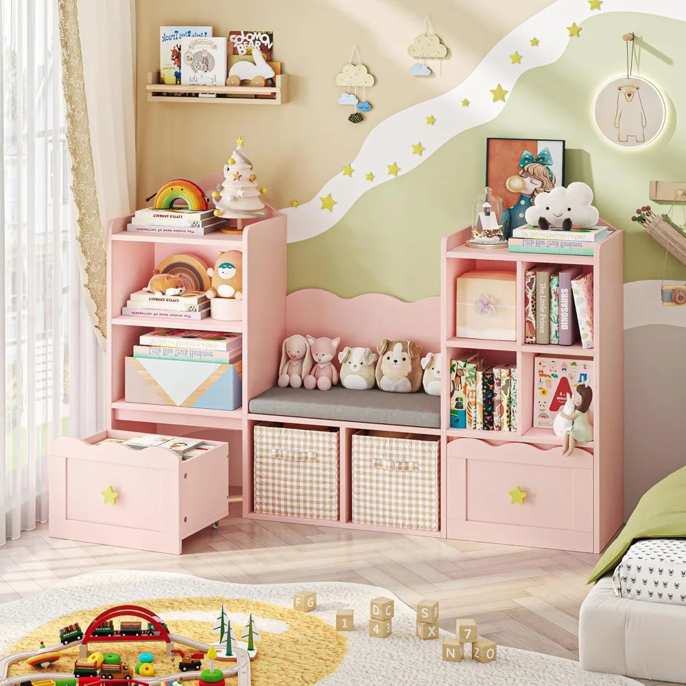 Kids Bookshelf with Reading Nook, Toy Storage Organizer, Pink Bookcase with Cushion Seat and Wheels