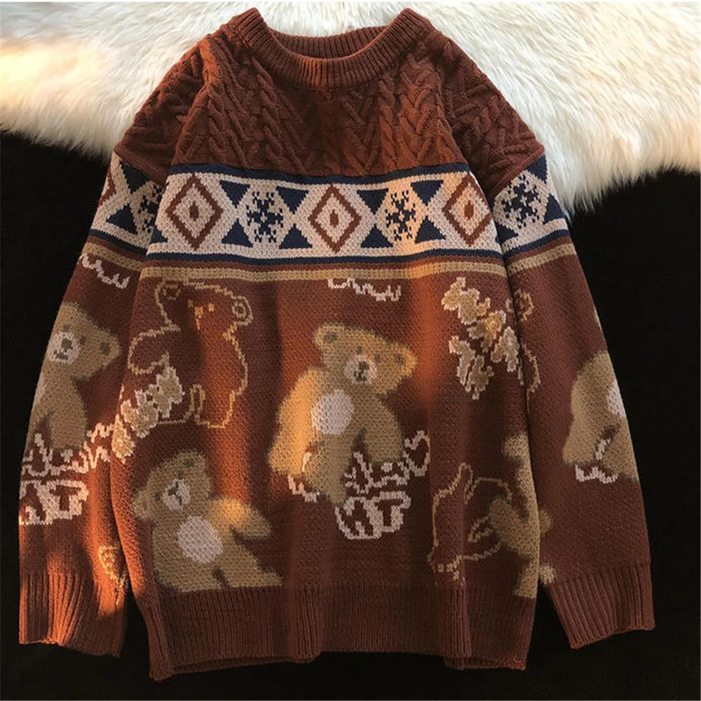 

Cute Bear Tops Oversize Men High Street Knitting Sweater Tops Autumn Pullover Loose Harajuku Kawaii White Women Couple Sweaters