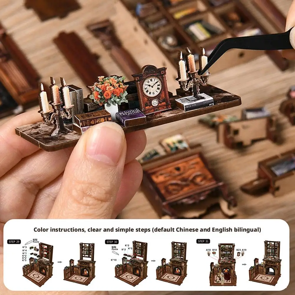 DIY Buchnische Miniatur-Holzpuppenhaus mit Licht Bücherregal-Einsatz Dekorationsmodell für Buchhandlungen Erinnerungen 3D-Puzzle-Montage