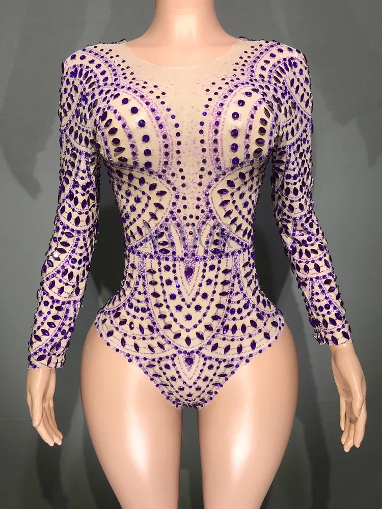 

Dance Costume Performance Club Leotard Stage Wear Sparkly Rhinestones Long Sleeve Mesh Transparent Bodysuit Sexy