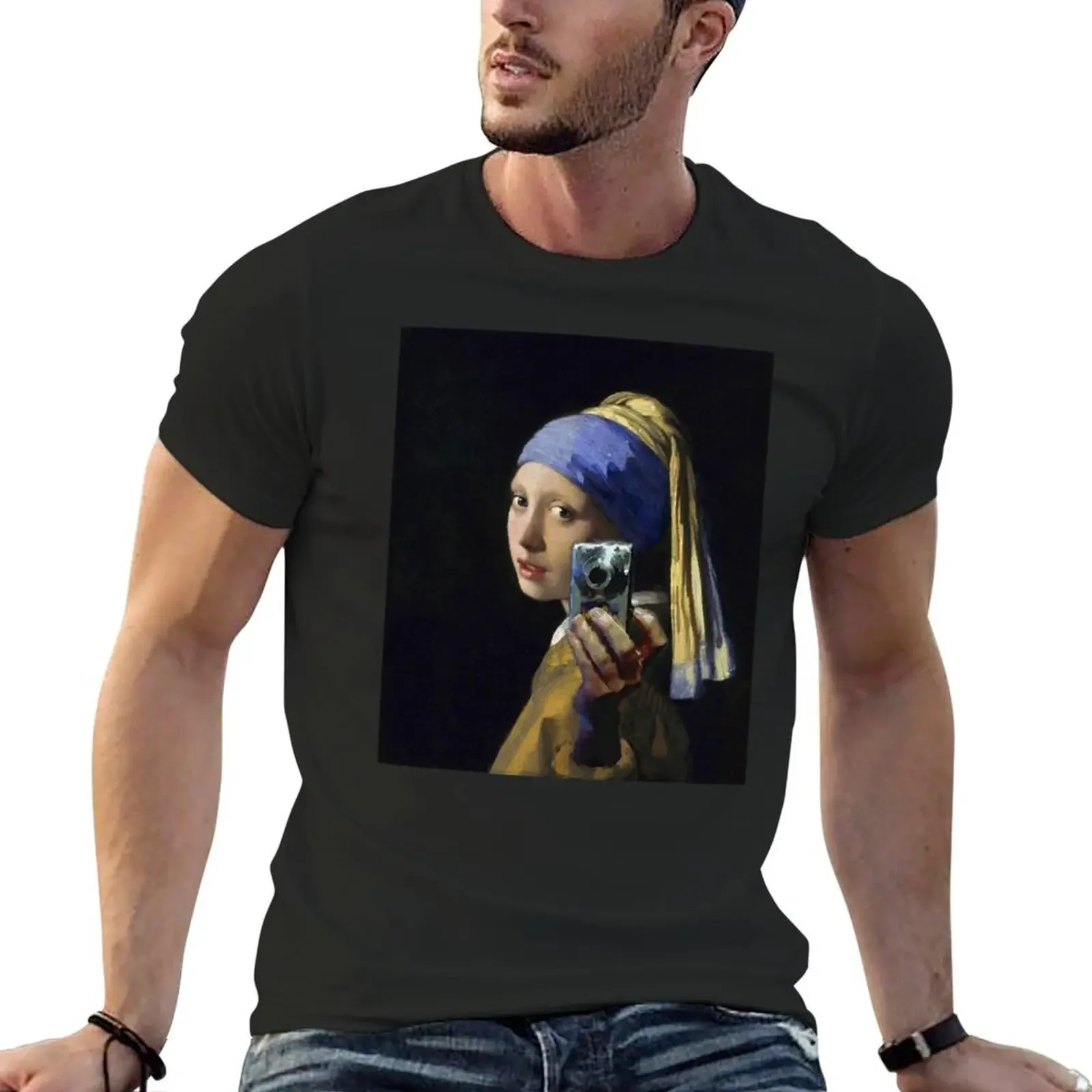 

Girl with a Pearl Earring taking a Selfie - Funny T-Shirt boys whites anime figures men t shirts high quality