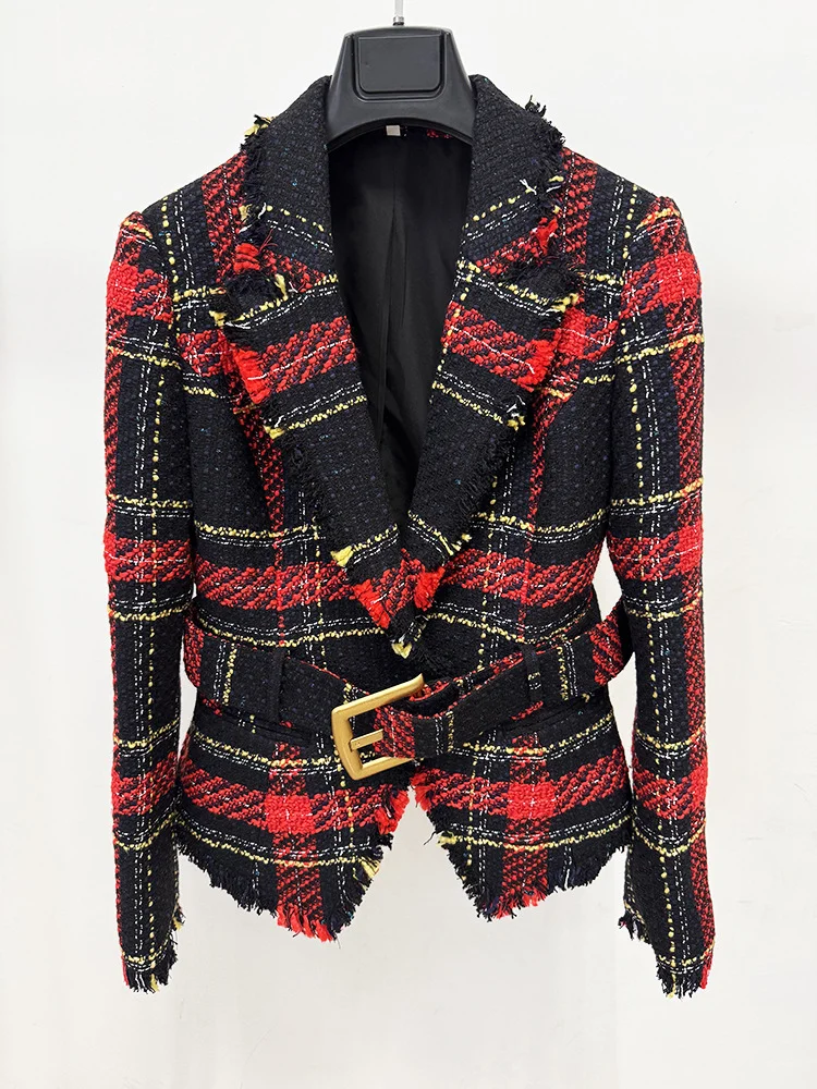 HIGH STREET Newest Fashion 2026  Designer Jacket Women's Belt Slim Double Breasted Plaid Fringed Tweed Jacket