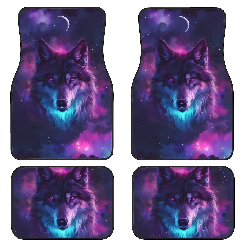 

Набор из 4 универсальных автомобильных ковриков, фиолетовый узор звездного неба с волком, обеспечивающий модную внутреннюю защиту для маленьких автомобилей,