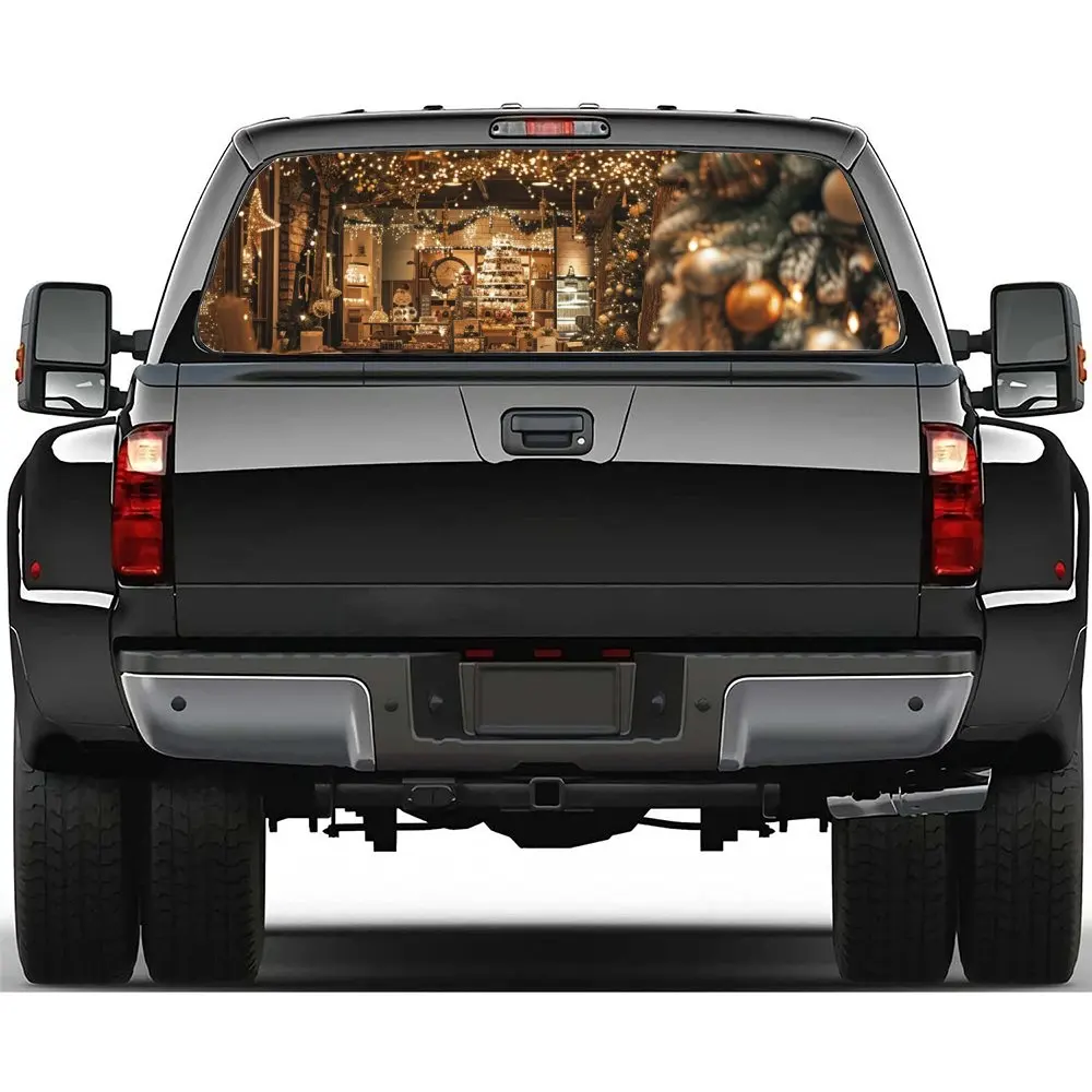 

Indoor Christmas Scene Print Car Rear Windshield Sticker Truck Window See Through Perforated Back Window Vinyl Decal Decoration