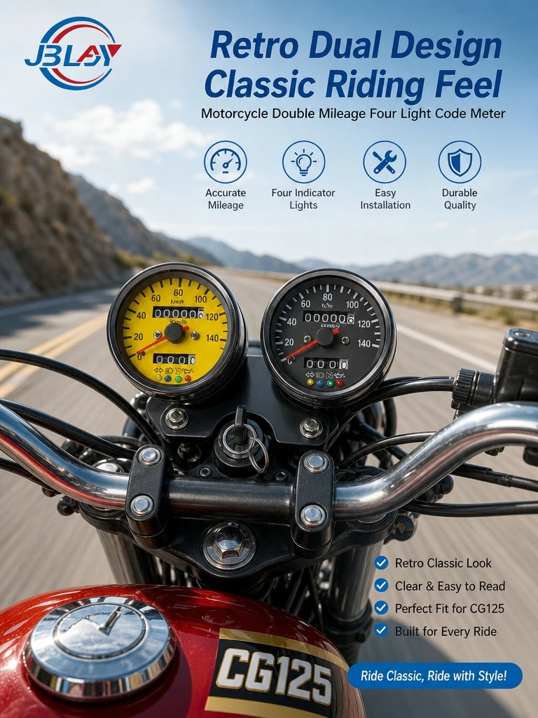 3. CG125 Retro Motorcycle Speedometer Gauge, Dual Mileage Counter with 4 LED Indicator Lights, 12V Motorbike Modification Part