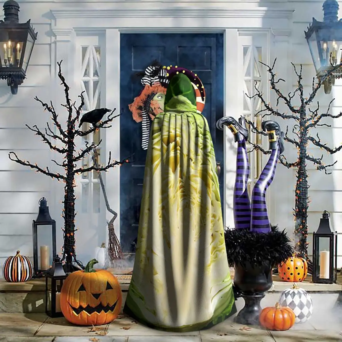 نسيج أوراق الملفوف الطازج عباءة طويلة مقنعين الساحرة القرون الوسطى زي تأثيري كيب هالوين معطف الكبار للجنسين