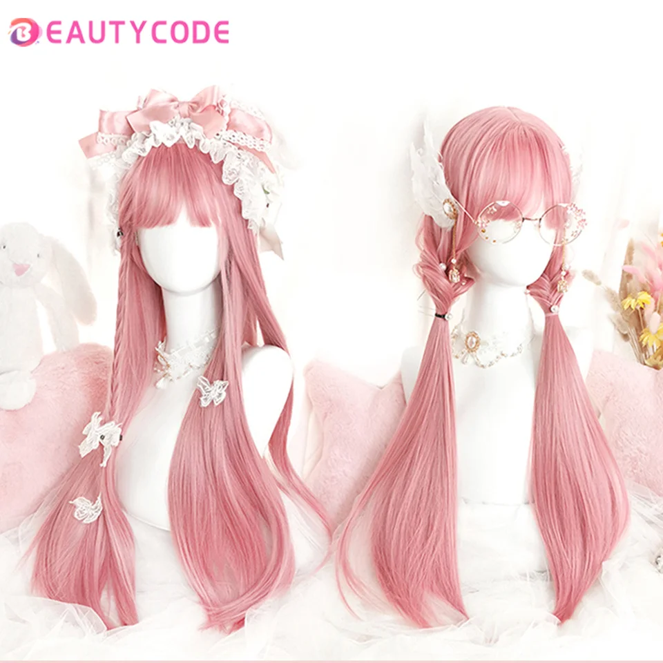 Synthetische Pruik Lange Golvende Meisje Roze Pruik Met Pony Hittebestendige Zwart Blauw Rood Blond Paars Cosplay Lolita Halloween Party pruik