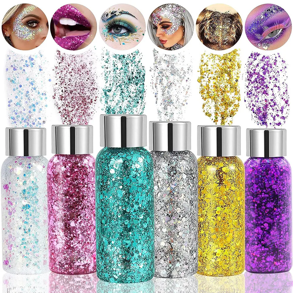 3 Bottles Glitter Makeup Face Hair Body Glitter Gel Lasting Sparkling Liquid Eye Shadow For Festival Party Glitter Bar Makeup