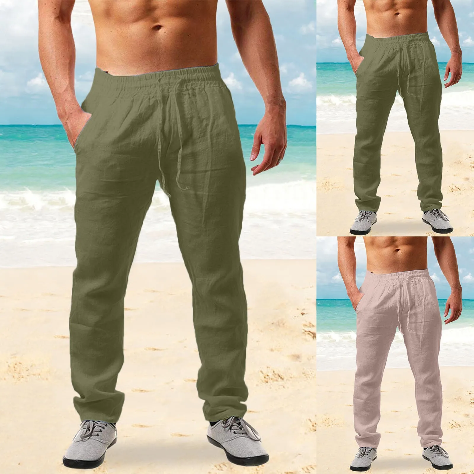 Men's Summer Hip Hop Breathable Loose Sports Pants Solid Color Cotton Linen Trousers Elastic Waist Male Casual Long Pants