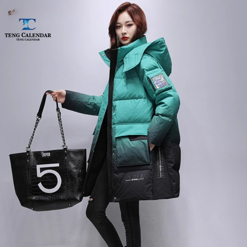Winter Down Jacket, Medium To Long Korean Gradient Thickened Fashionable Hooded Jacket, Women's 2024 Winter New Style