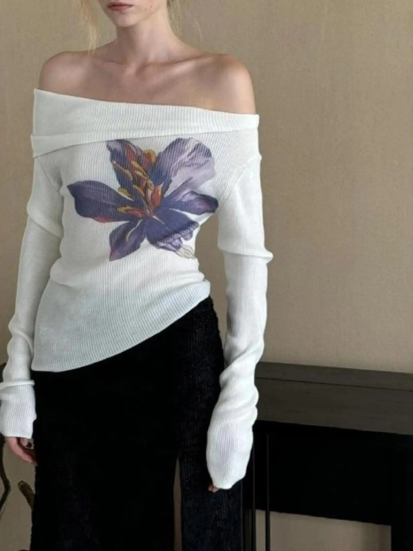 Floral Print Long Sleeve Knitted Sweater One Shoulder Design Women's Autumn Fashion Irregular Hemline  Shoulder Top