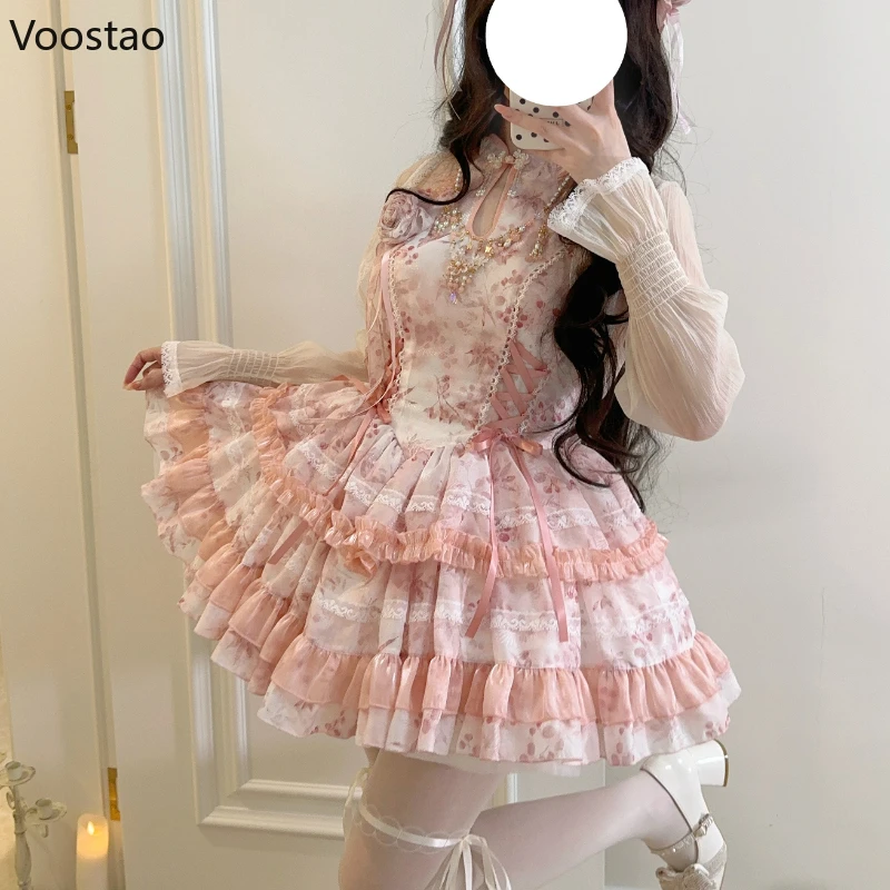 New Chinese Style Vintage Lolita Jsk Princess Dress Women Elegant Print Lace Ruffle Tea Party Mini Dress Pink Sweet Y2k Vestidos