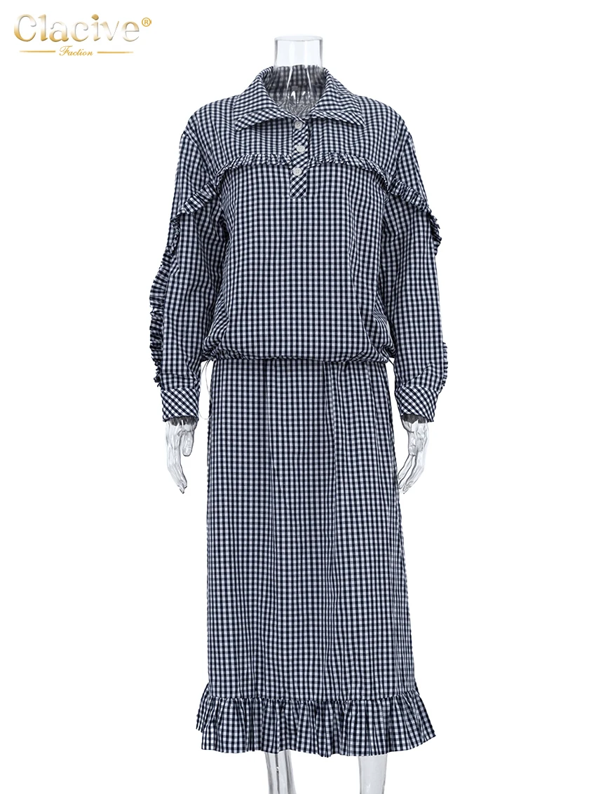 Clacive Fashion Loose Plaid Women's Two Pieces Set 2025 Elegant Long Sleeve Shirt With High Waist Midi Skirt Set Female Clothing image 5
