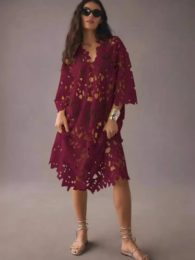 Sexy Kant Hol V-hals Jurk Voor Vrouwen Elegante Effen Lange Jurken Dames Zomer Casual Strand Vakantie Losse Vestidos