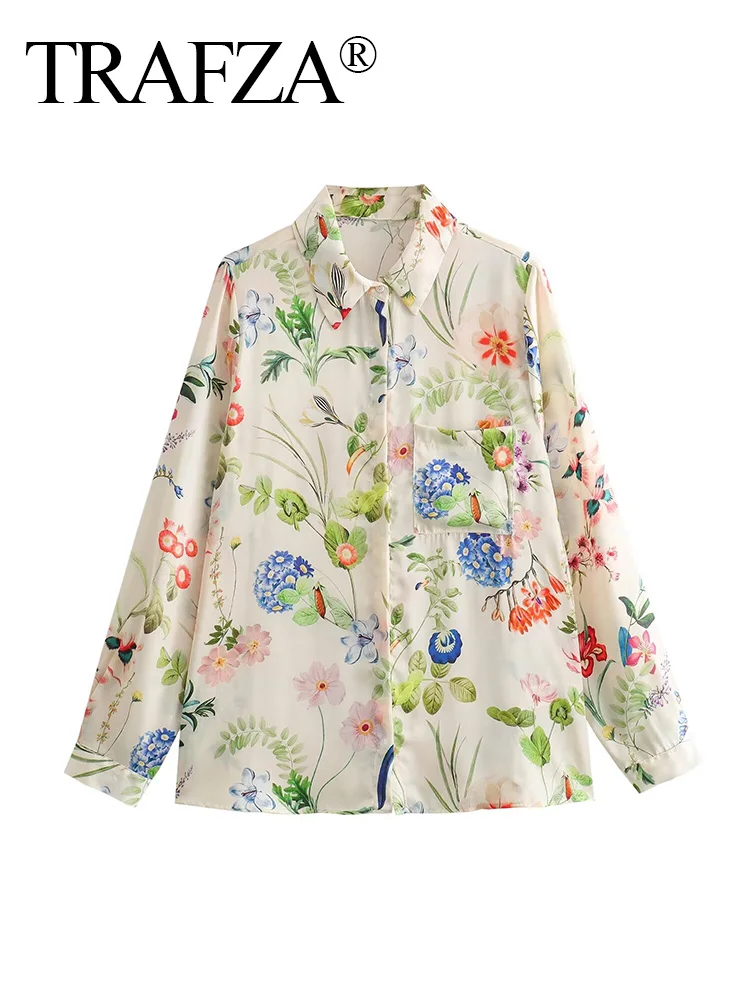 TRAFZA 2024 Women’s Leaf Floral Printed Blouses Button Pocket Long Sleeve Shirts  Women’s Summer Casual Loose Shirts Beach Style