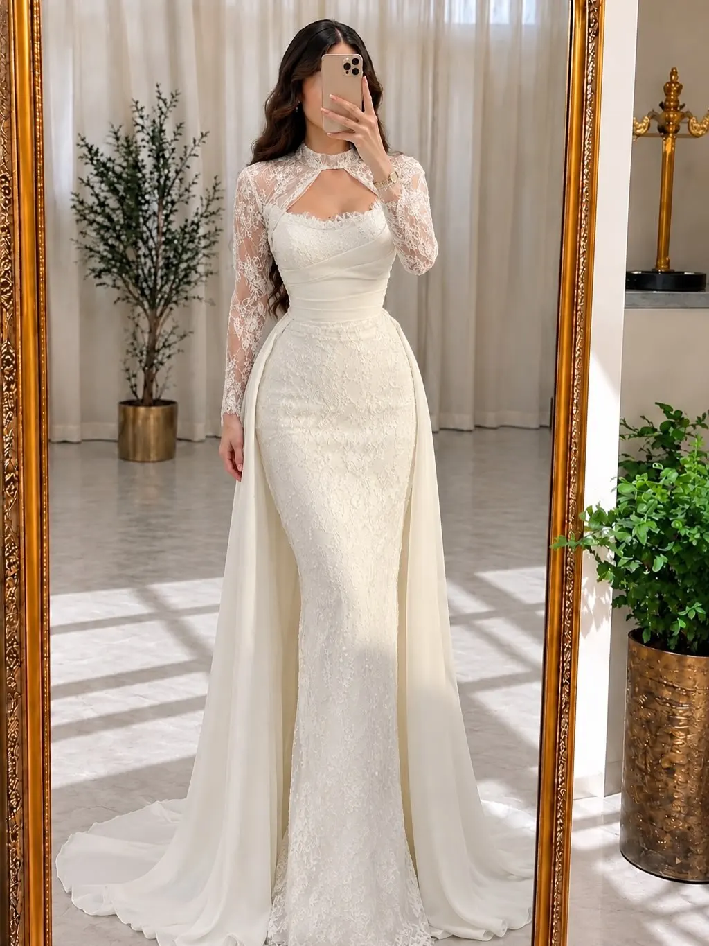 Luxury Ivory Sheer Lace Long Sleeve Mermaid Dress with High Neck Cutout  Women Wedding Gown Customized D262139