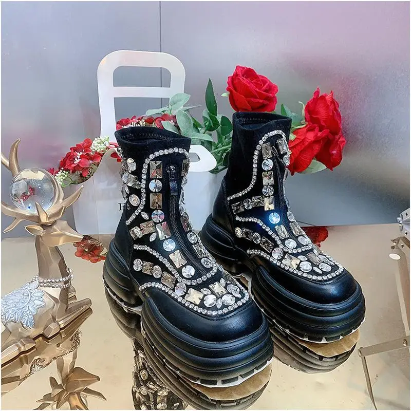 Luxury Punk Design Bling Rhinestones Crytal Beaded Women Fashion Ankle Boots Platform Thick Bottom Casual Shoes Female Footwear