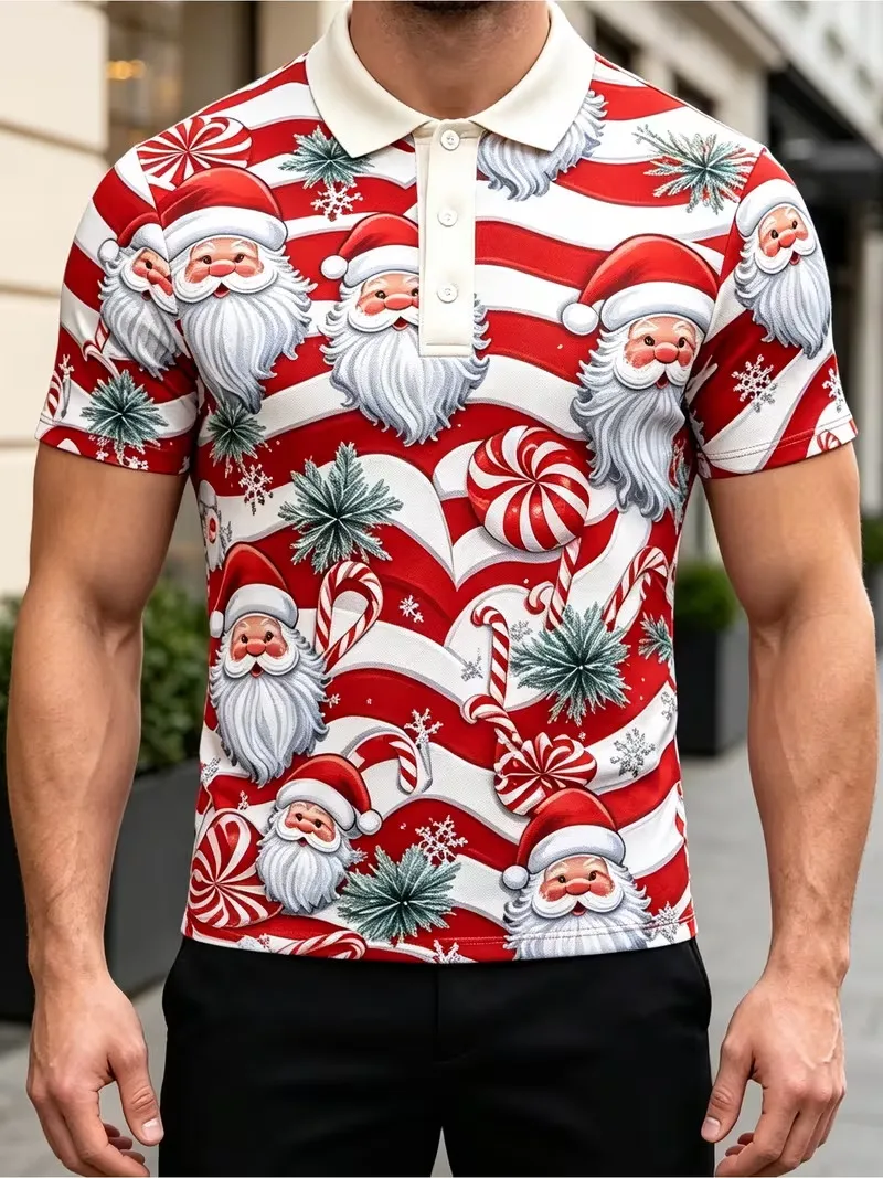 Men's Christmas Short Sleeve Polo Shirt Santa Reindeer Xmas Tree Snowflake Print Collared Tee Casual Holiday Party Top For Male