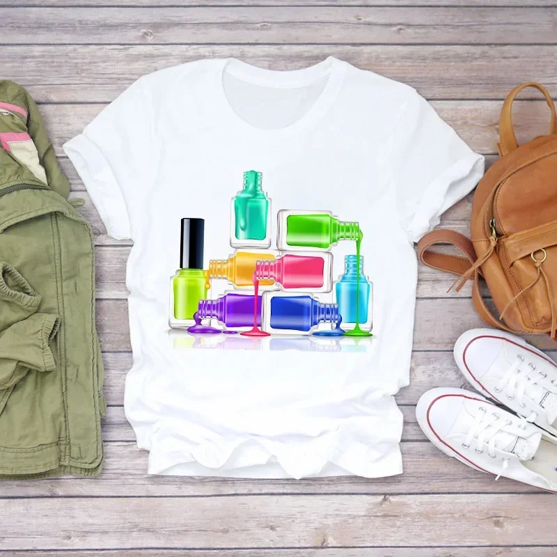 Fingernail Nail Art Make Up Nail Beauty Makeup Fashion Short Sleeves Female White T-shirt Europe and America Oversized T Shirt