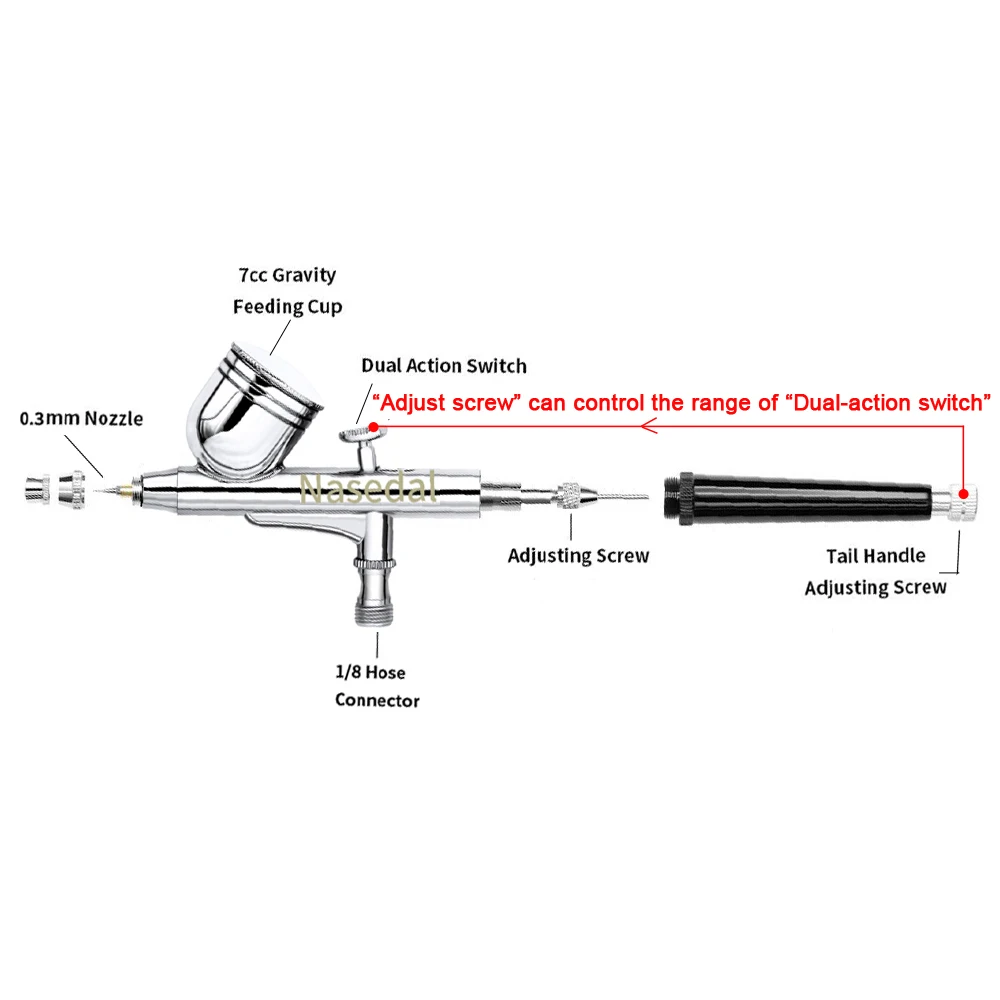 Nasedal Airbrush Compressor Dual-Action Spray Gun 0.3mm Airbrush Kit for Nail Airbrush for Model Cake Car Painting NT-19