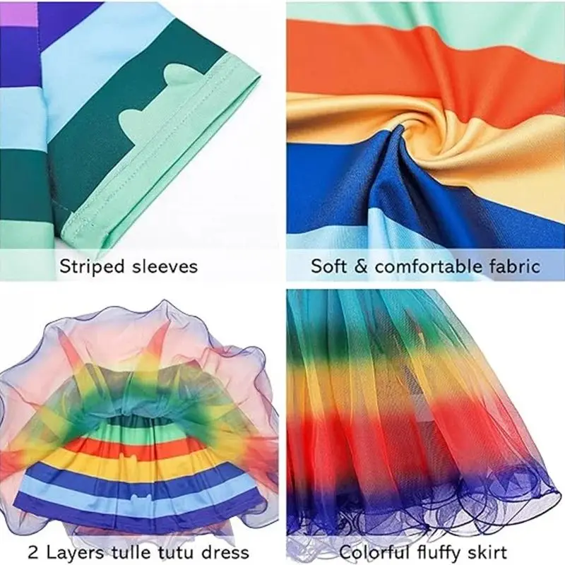 Summer Girls Clothes Set Kids Birthday Party Gabby\'s Dollhouse Cats Striped Top+Rainbow Tutu Dress Outfit Children Clothing Suit