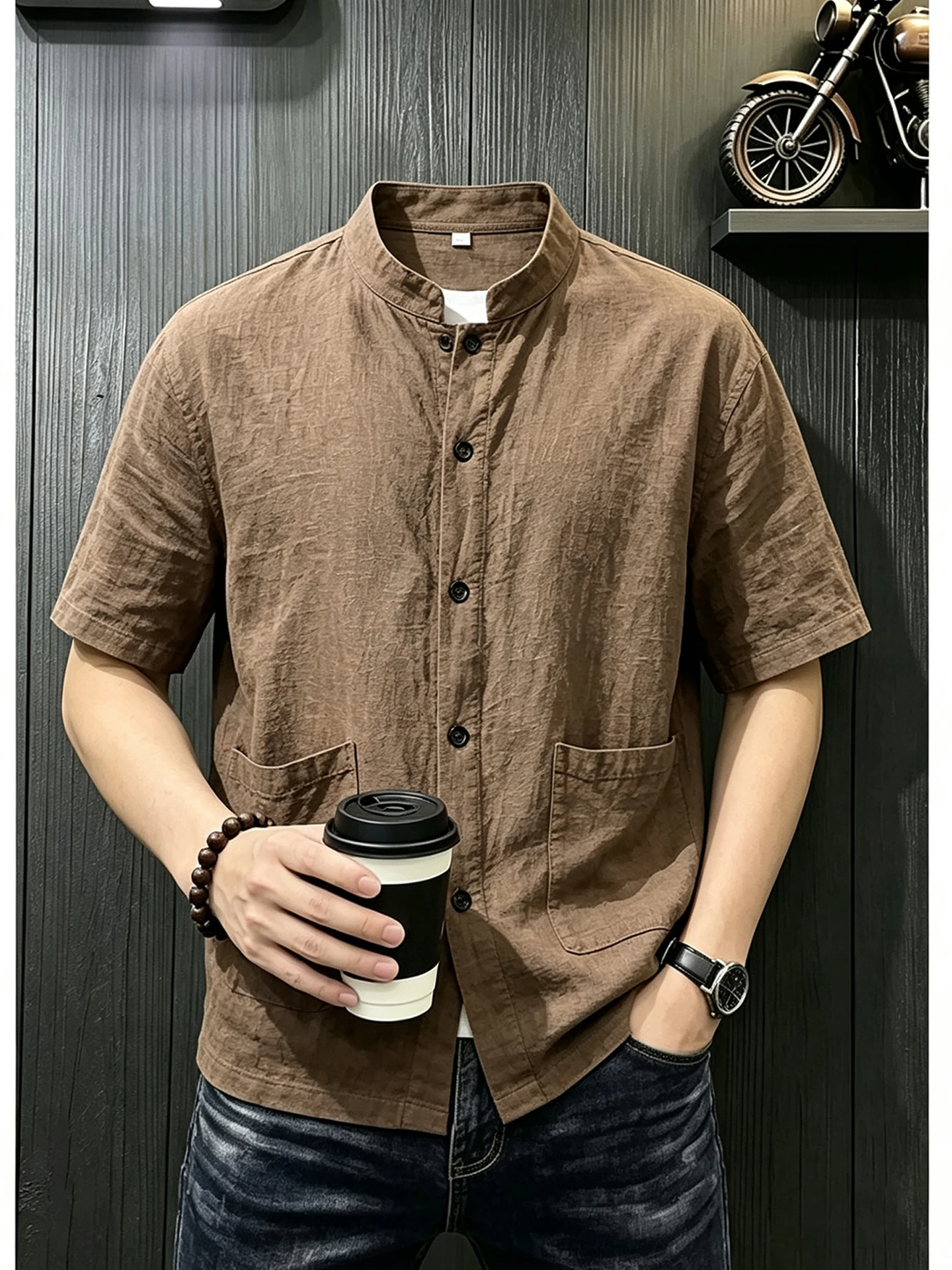 New Chinese Style Light Breathable Cool Cotton Linen Short Sleeve Shirt Men Summer Thin Lingqi Cool Feeling Stand Collar Jacket