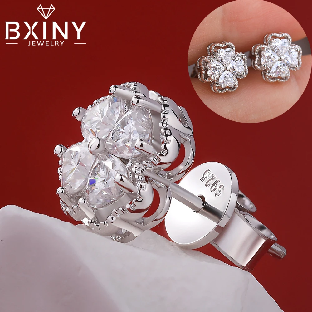 BXINY 3mm Heart Cut Moissanite Stud Earrings S925 Sterling Silver Clover Diamonds Ear Studs for Women Wedding Gifts Fine Jewelry