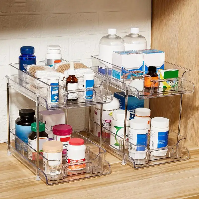 Clear Cosmetic Storage Organizer Skincare Product Storage Rack Pull-out Organizers 2 Tier Clear Multipurpose Organizers With