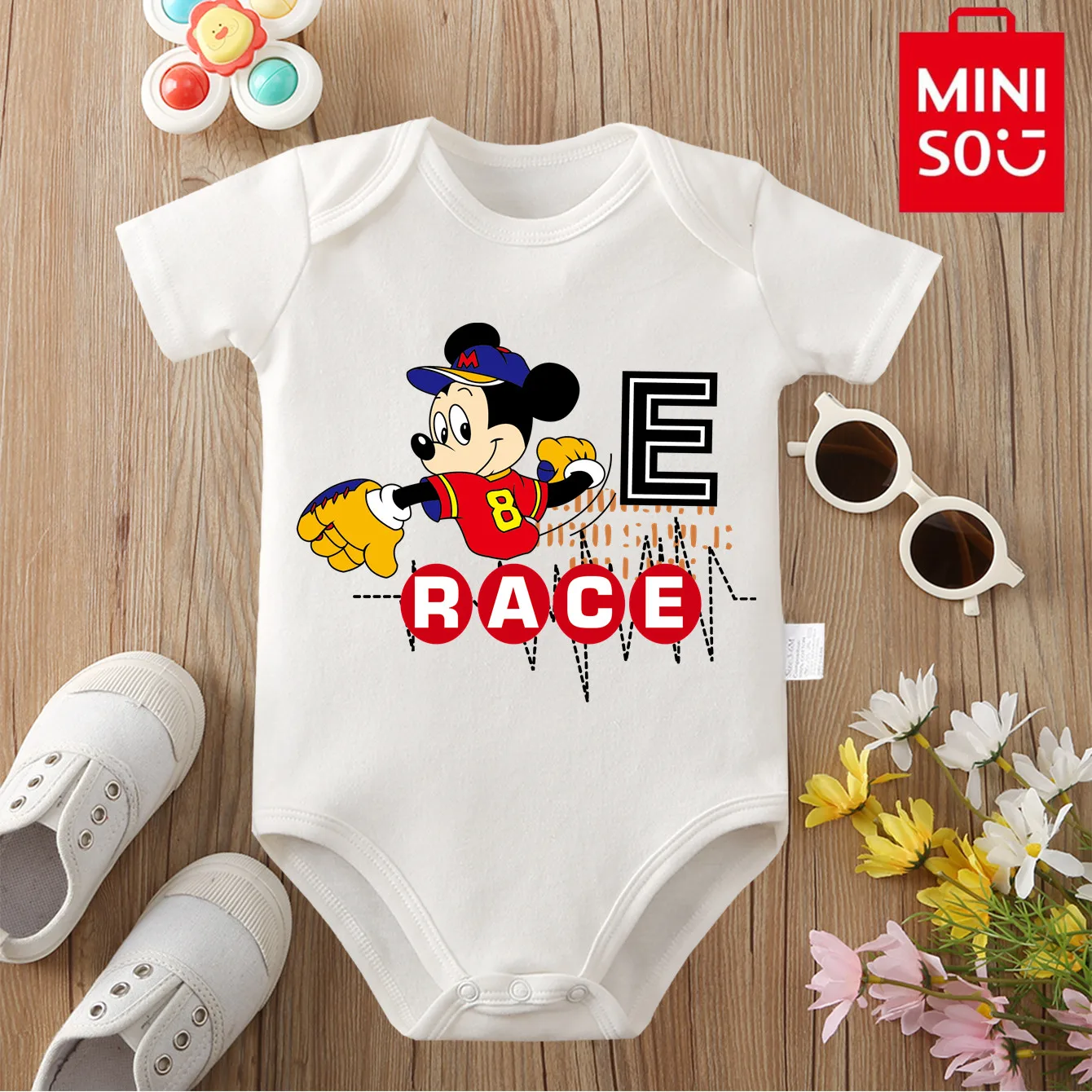 

MINISO Микки Маус с бейсбольным принтом, боди из 100% хлопка, детские мягкие ткани для ребенка, комбинезон-комбинезон для новорожденных от 0 до 12 месяцев