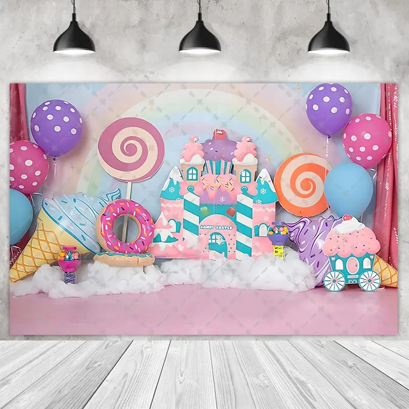 Candy Shop Theme Backdrop Decoration Ice Cream Cupcake Lollipop Sweet Cream Puff Poster Photography Photo Shoot Studio