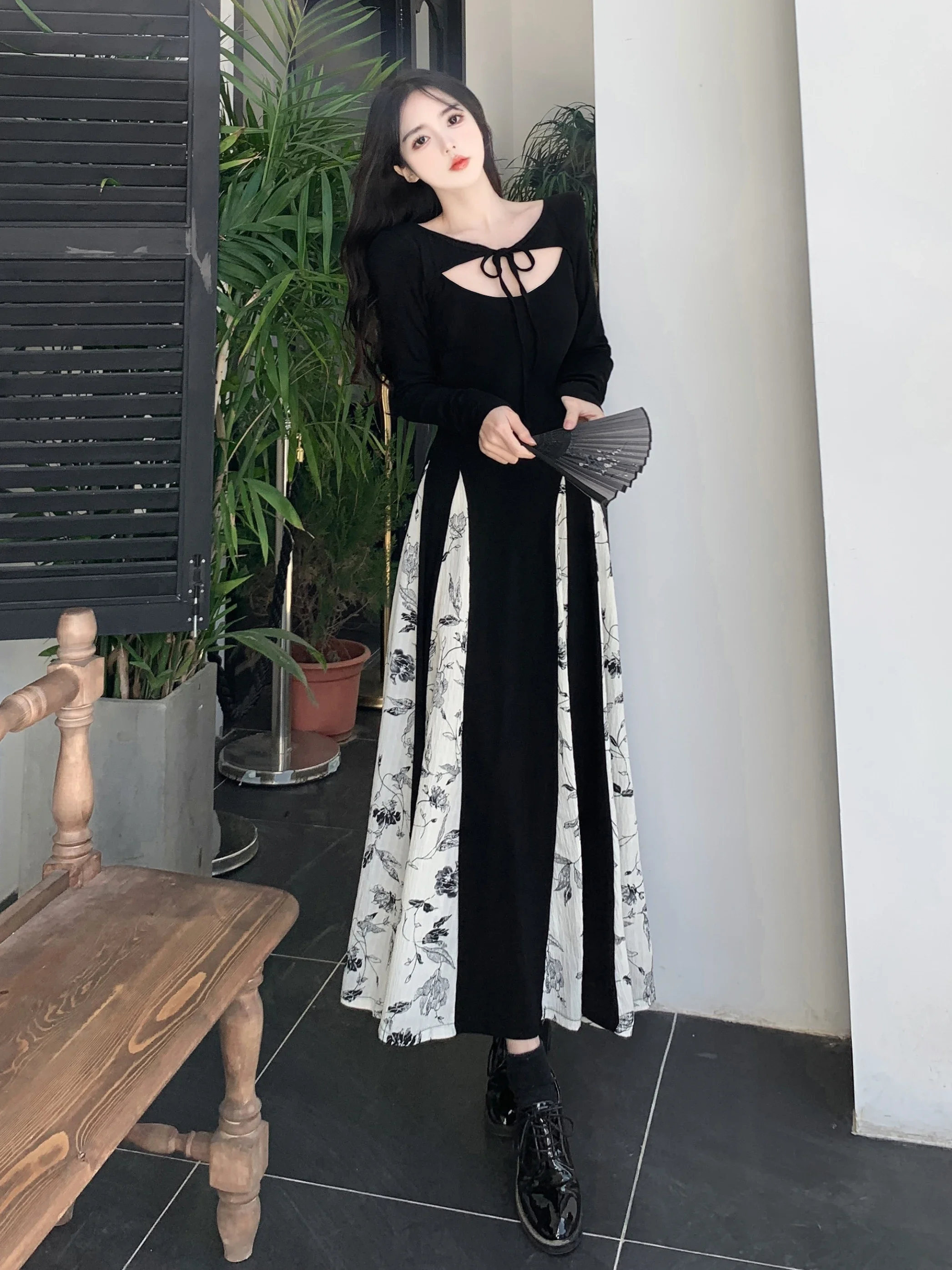 Vintage Knitted Patchwork Floral Dress Irregular Design Sense Hepburn Wind Sweet Fashion Slim Summer New Black Long Dresses