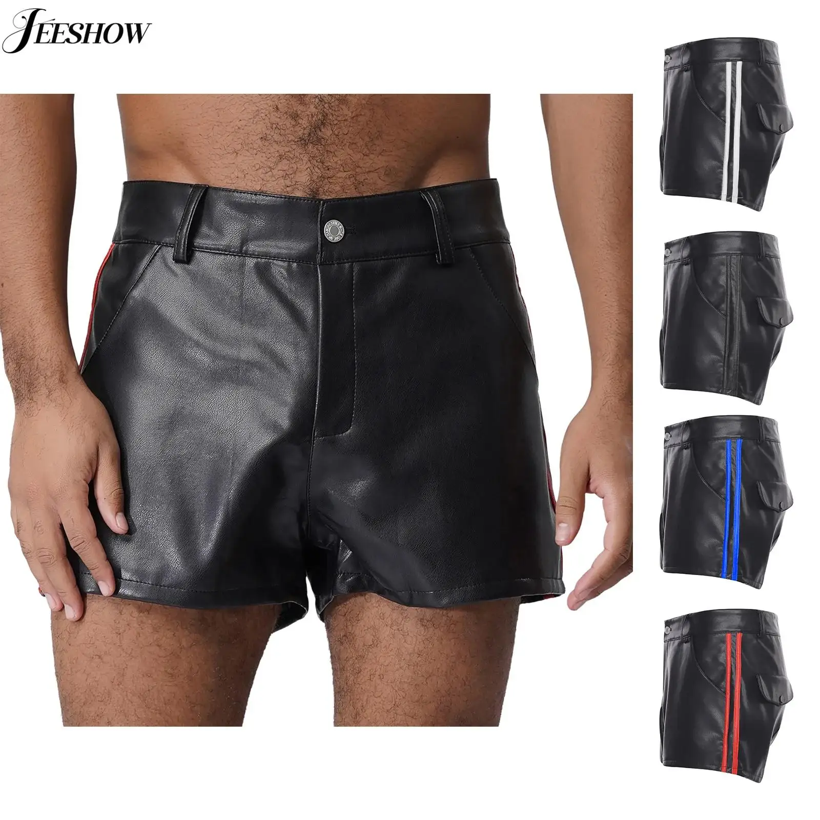 

Mens Casual Faux Leather Shorts Side Striped Cargo Shorts Wet Look Short Pants for Daily Vacation Bottoms