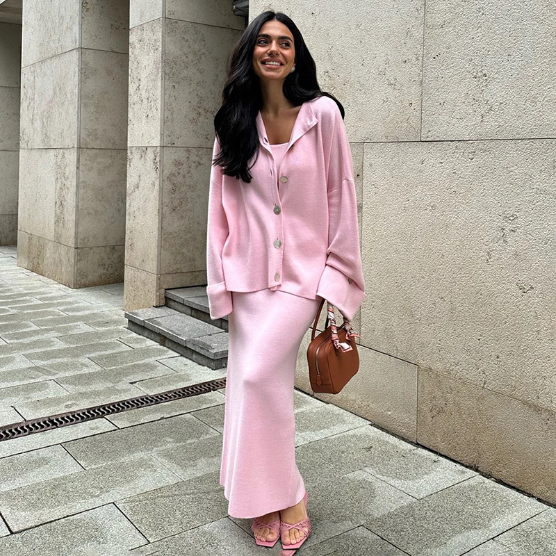 Tornova ผู้หญิงถักชุด 3 ชิ้นแขนยาวเสื้อสเวตเตอร์ถักสลิงเสื้อกั๊ก Slit High เอวกระโปรง Lady 2025 ฤดูใบไม้ร่วงฤดูหนาวเสื้อกันหนาวชุด